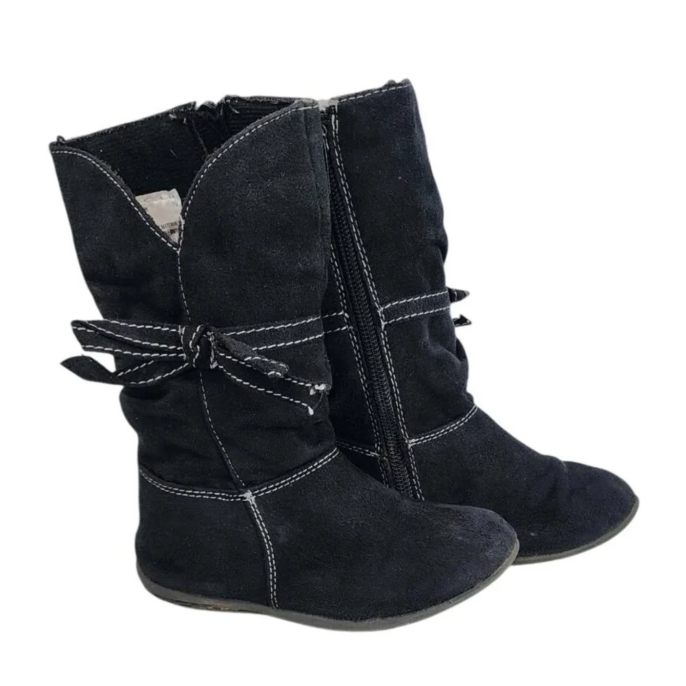 Kids Black Suede Slouch Boots with‎ White Stitching Bow Detail Side Zip Size 8